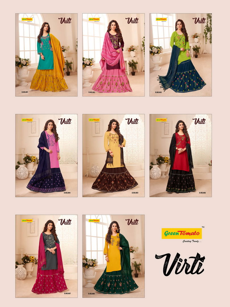 Master Virti Designer Latest Heavy Rayon Top With Embroidery Work Kurti With Skirt And Fancy Dupatta Collection